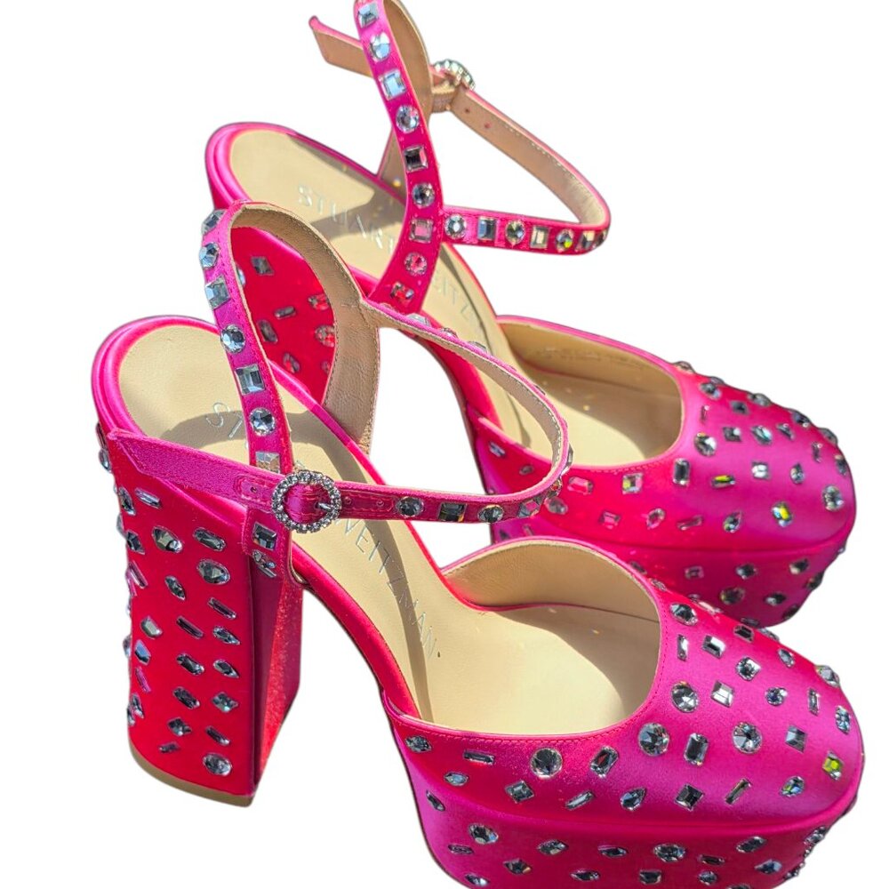 Stuart Weitzman Skyhigh Pink Flamingo Satin Rhinestone Platform Pumps 2” Size 7